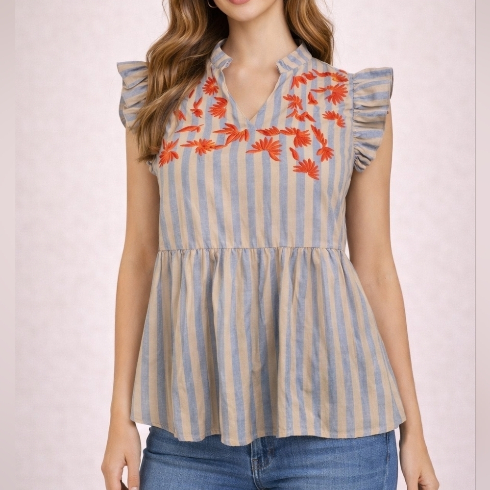 KINDRED Striped Ruffle Sleeve Floral Embroidered Peasant Peplum Babydoll Top